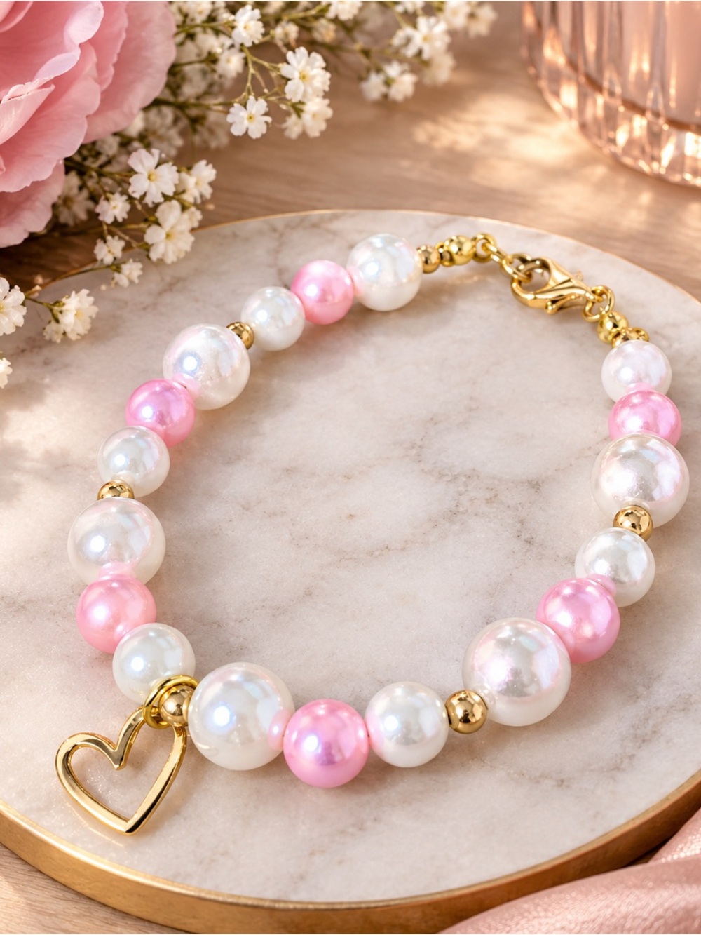 Unbranded Pink & White Pearl Heart Charm Bracelet - Gold Accents